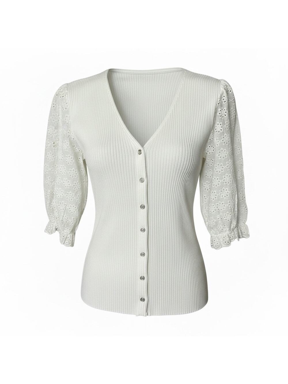 Elie Tahari Ribbed Eyelet Puff Sleeve Knit Top Cardigan White Medium Feminine